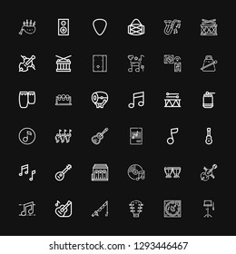 Editable 36 bass icons for web and mobile. Set of bass included icons line Orchestra, Music, Guitar, Fishing, Cello, Timpani, Philharmonic, Mandolin, Acoustic guitar on black background