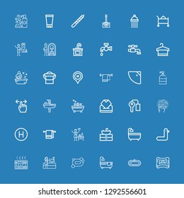Editable 36 bath icons for web and mobile. Set of bath included icons line Soap, Bath, Bathtub, Jacuzzi, Duck, Sink, Spa, Towel, Hotel, Tap, Key room, Wipes on blue background