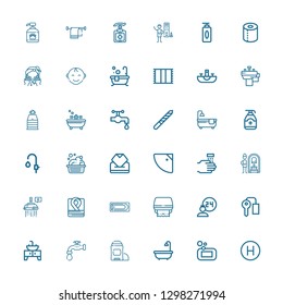 Editable 36 bath icons for web and mobile. Set of bath included icons line Hotel, Soap, Bath, Deodorant, Faucet, Sink, Key room, Room service, Toilet paper on white background