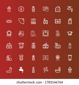 Editable 36 bathroom icons for web and mobile. Set of bathroom included icons line Shower, Bathtub, Showers, Toothpaste, Faucet, Duck, Gel, Woman, Nightstand, Mirror, Toilet on red