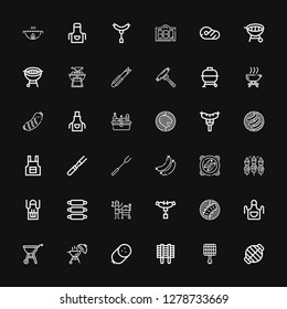 Editable 36 bbq icons for web and mobile. Set of bbq included icons line Grill, Sausage, Barbecue, Apron, Ribs, Bbq, Sausages, Barbecue fork, Meat, Picnic on black background