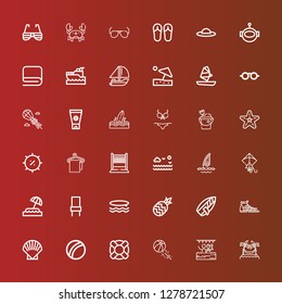 Editable 36 beach icons for web and mobile. Set of beach included icons line Hammocks, Pool, Beach ball, Lifesaver, Shell, Sandals, Surfboard, Pineapple, Surf, Chair, Island on red