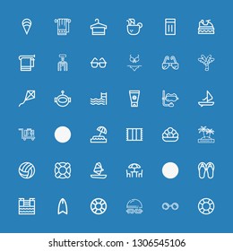 Editable 36 beach icons for web and mobile. Set of beach included icons line Lifesaver, Sunglasses, Swimming, Surfboard, Tsunami, Sandals, Kite, Chairs, Windsurf on blue background