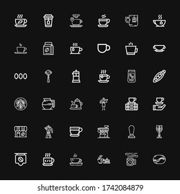Editable 36 bean icons for web and mobile. Set of bean included icons line Coffee bean, Coffee cup, Tea, Coffee, Cup, shop, maker, Break, Barista on black background