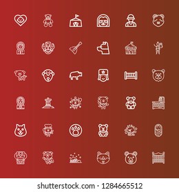 Editable 36 bear icons for web and mobile. Set of bear included icons line Baby bed, Bear, Dog, Igloo, Baby, Teddy bear, Animal, Baby crib, Inukshuk, Eskimo, Crib, Russian on red