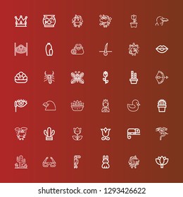 Editable 36 beautiful icons for web and mobile. Set of beautiful included icons line Lotus, Unicorn, Rabbit, Toucan,  glasses, Cactus, Dragon, Chameleon, Flower, Tulip on red