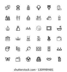 Editable 36 beauty icons for web and mobile. Set of beauty included icons line Spray bottle, Lips, Dressing table, Necklace, Wallet, Butterfly, Brassiere, Massage on white background