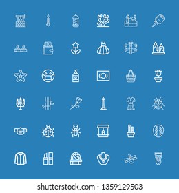 Editable 36 beauty icons for web and mobile. Set of beauty included icons line Clipper, Dragonfly, Necklace, Dressing table, Lipstick, Jacket, Mask, Bamboo on blue background