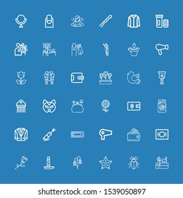 Editable 36 beauty icons for web and mobile. Set of beauty included icons line Bath, Beetle, Starfish, Flower, Candle, Rose, Mask, Wallet, Hair dryer, Laser pen on blue background