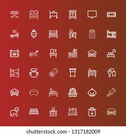 Editable 36 bed icons for web and mobile. Set of bed included icons line Sofa, Bib, Bed, Nightstand, Baby, Rattle, Dressing table, Gurney, Sleeping mask, Key room, Door hanger on red