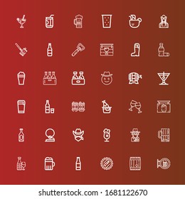 Editable 36 beer icons for web and mobile. Set of beer included icons line Bar, Barrel, Bottle cap, Beer bottle, Cowboy, Soda, Pub, Cheers, Drink, Vodka, Cocktail on red