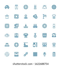 Editable 36 belt icons for web and mobile. Set of belt included icons line Trousers, Seatbelt, Cloth, Seat belt, Conveyor, Lifesaver, Clothes, Seats, Punching bag on white background