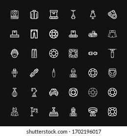 Editable 36 belt icons for web and mobile. Set of belt included icons line Lifesaver, Belt, Engineer, Conveyor, Industrial robot, Clothing, Safety car, Boxing bag on black background