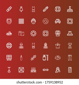 Editable 36 belt icons for web and mobile. Set of belt included icons line Trousers, Pulley, Seat belt, Conveyor, Lifesaver, Industrial robot, Jeans, Clothing, Punching bag on red