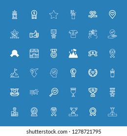 Editable 36 best icons for web and mobile. Set of best included icons line Podium, Prize, Ribbon, Trophy, Medal, Goblet, Favorites, Star, Ribbons, Frappe, Laurel on blue background