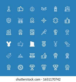 Editable 36 best icons for web and mobile. Set of best included icons line Ribbon, Trophy, Medal, Discount, Prize, Thumbs up, Ribbons, Podium, Stars, Medals on blue background