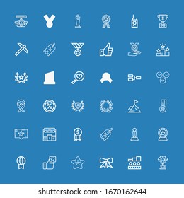 Editable 36 best icons for web and mobile. Set of best included icons line Trophy, Podium, Ribbon, Star, Like, Prize, Discount, Award, Pedestal, Recommendation on blue background