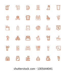 Editable 36 beverage icons for web and mobile. Set of beverage included icons line Smoothie, Bottle, Burger, Beer, Milk, Vinegar, Mug, Cup, Shaker, Coffee beans on white background