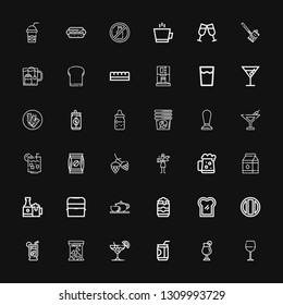 Editable 36 beverage icons for web and mobile. Set of beverage included icons line Wine glass, Cocktail, Soda, Snack, Lemonade, Toast, Beer can, Coffee pot on black background