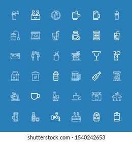 Editable 36 beverage icons for web and mobile. Set of beverage included icons line Beer keg, Beer can, Alcoholic drink, Beer tap, Frappe, Bar, Pub, Cup on blue background