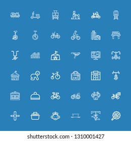 Editable 36 bicycle icons for web and mobile. Set of bicycle included icons line Crank arm, Bungee jumping, Exercise, Baby, Transport, Gym, Bicycle, Bike, Train on blue background