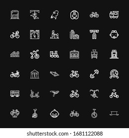 Editable 36 bicycle icons for web and mobile. Set of bicycle included icons line Exercise, Monocycle, Bicycle, Baby, Unicycle, Saddle, Stationary bike, Train on black background