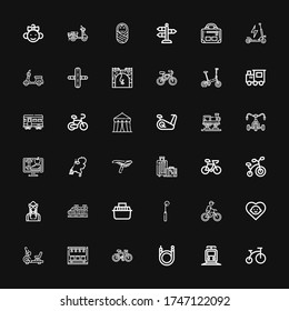 Editable 36 bicycle icons for web and mobile. Set of bicycle included icons line Bike, Train, Bicycle, Subway, Stationary bike, Baby, Cycling, Tracing wheel on black background