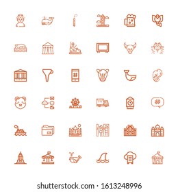 Editable 36 big icons for web and mobile. Set of big included icons line Circus, Cloud data, Shark, Whale, Carousel, Empire state, Taj mahal, Milan, Amusement park on white background