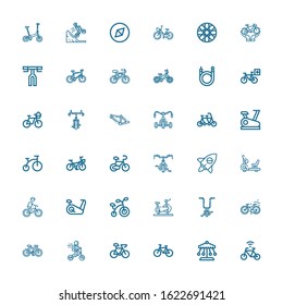 Editable 36 biking icons for web and mobile. Set of biking included icons line Bicycle, Ride, Bike, Stationary bike, Cycling, Adventure, Tandem, Bmx, Handlebar on white background