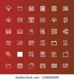 Editable 36 binder icons for web and mobile. Set of binder included icons line Notebook, Calendar, Folder, Notepad, Contact list, Upload on red