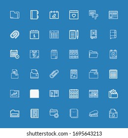 Editable 36 binder icons for web and mobile. Set of binder included icons line Folder, Staple, Notebook, Calendar, Paper clip, Folders, Notepad, Contact list on blue background