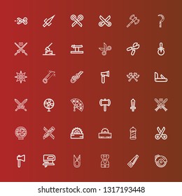 Editable 36 blade icons for web and mobile. Set of blade included icons line Circular saw, Saw, Sharpener, Scissors, Fretsaw, Axe, Barbershop, Cutter, Fan, Swords, Sword on red