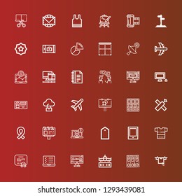 Editable 36 blank icons for web and mobile. Set of blank included icons line Clothes hanger, Folders, Airplane, Monitor, Laptop, Diploma, Shirt, Tablet, Tag, Billboard on red