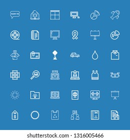 Editable 36 blank icons for web and mobile. Set of blank included icons line Document, Album, Conversation, Paper bag, Sun, Price tag, Projector screen, Computer on blue background