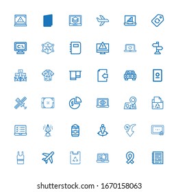 Editable 36 blank icons for web and mobile. Set of blank included icons line Notebook, Ribbon, Laptop, Paper bag, Plane, Sleeveless shirt, Certification, Discount on white background