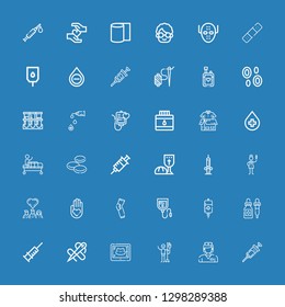 Editable 36 blood icons for web and mobile. Set of blood included icons line Vaccine, Nurse, Blood donation, Ultrasound, Needle, Syringe, Ink, bag on blue background