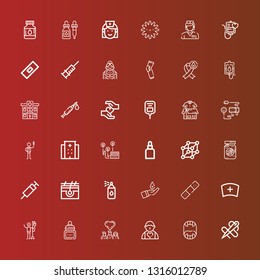 Editable 36 blood icons for web and mobile. Set of blood included icons line Needle, Fangs, Donor, Donors, Ink, Blood donation, Nurse, Bandage, Paint spray, Skin, Syringe on red