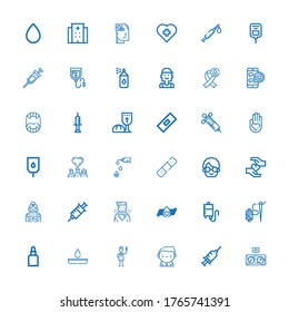 Editable 36 iconos de sangre para web y móvil. Conjunto de sangre incluye iconos de la línea Presión, Jeringa, Donante, Enfermera, Análisis de sangre, Drogas, Aguja, transfusión sobre fondo blanco