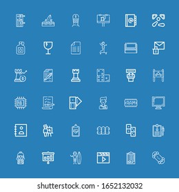 Editable 36 board icons for web and mobile. Set of board included icons line Skateboard, Clipboard, Clapper, Surfer, Presentation, Student, Medical history on blue background