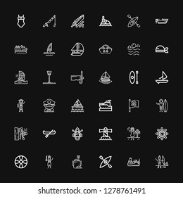 Editable 36 boat icons for web and mobile. Set of boat included icons line Ice fishing, Cargo ship, Kayak, Sand bucket, Pirate, Propeller, Helm, Summer, Lighthouse on black background