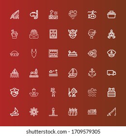 Editable 36 boat icons for web and mobile. Set of boat included icons line Fishing, Cargo ship, Rafting, Lighthouse, Helm, Windsurf, Sailor, Sea, Pirate, Ship, Shipping on red