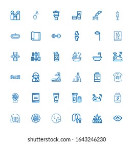 Editable 36 body icons for web and mobile. Set of body included icons line Kiss, Mass, Jumping rope, Spiritual, Abs, Proteins, Stationary bike, Vitamins, Sun lotion on white background