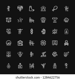 Editable 36 bone icons for web and mobile. Set of bone included icons line Pirate, Hamster, Veterinarian, Poison, Skull, Dog, Orthopedic, Bones, Dog house on black background