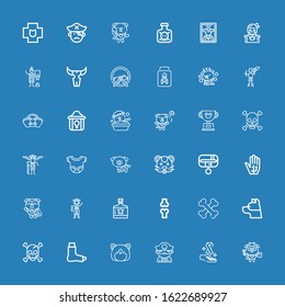Editable 36 bone icons for web and mobile. Set of bone included icons line Dog, Cancer, Pirate, Hamster, Broken leg, Skull, Bones, Bone, Poison, Radiography on blue background