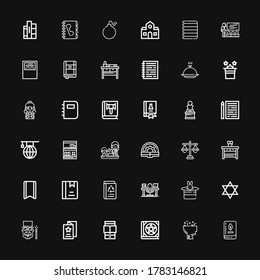 Editable 36 iconos de libro para web y móvil. El juego de libros incluye íconos de línea Libro, Aprendizaje, lector, volante, mago, judaísmo, magia, estudio, reciclado, álbum sobre fondo negro