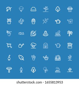 Editable 36 botany icons for web and mobile. Set of botany included icons line Cactus, Lawn, Tree, Palm tree, Sprout, Trees, Watering can, Prickly pear, Oak leaf on blue background