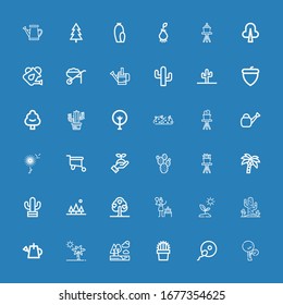 Editable 36 botany icons for web and mobile. Set of botany included icons line Tree, Fertilization, Cactus, Trees, Botanical, Watering can, Sprout, Birch, Coconut tree on blue background