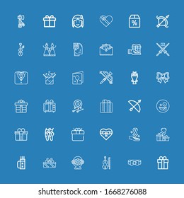 Editable 36 bow icons for web and mobile. Set of bow included icons line Gift, Bow tie, Violin, Flower basket, Gifts, Quiver, Cancer, Ballet, Surprised, Archery on blue background