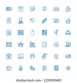 Editable 36 box icons for web and mobile. Set of box included icons line Balance, Invitation, Test, Pizza, Bomb, Warehouse, Postcard, Rice, Noodles, Check in on white background