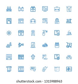 Editable 36 box icons for web and mobile. Set of box included icons line Package, Box, Donate, Buy, Locker, Towel, Gifts, Bird house, Online shop, Store, Pencil on white background